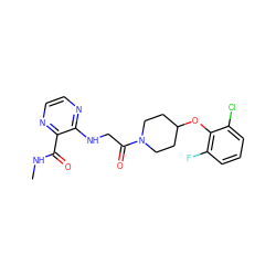 CNC(=O)c1nccnc1NCC(=O)N1CCC(Oc2c(F)cccc2Cl)CC1 ZINC000028704947