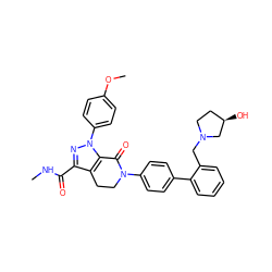 CNC(=O)c1nn(-c2ccc(OC)cc2)c2c1CCN(c1ccc(-c3ccccc3CN3CC[C@@H](O)C3)cc1)C2=O ZINC000014969393