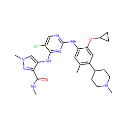 CNC(=O)c1nn(C)cc1Nc1nc(Nc2cc(C)c(C3CCN(C)CC3)cc2OC2CC2)ncc1Cl ZINC000653735516