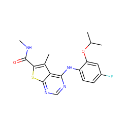 CNC(=O)c1sc2ncnc(Nc3ccc(F)cc3OC(C)C)c2c1C ZINC000473160743