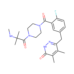 CNC(C)(C)C(=O)N1CCN(C(=O)c2cc(Cc3n[nH]c(=O)c(C)c3C)ccc2F)CC1 ZINC000045368478