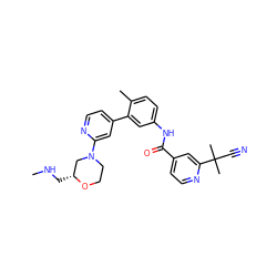 CNC[C@@H]1CN(c2cc(-c3cc(NC(=O)c4ccnc(C(C)(C)C#N)c4)ccc3C)ccn2)CCO1 ZINC000220661659