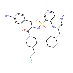 CNC[C@H](CC1CCCCC1)Nc1ccncc1S(=O)(=O)N[C@@H](Cc1ccc(N)cc1)C(=O)N1CCC(CCF)CC1 ZINC000027106083