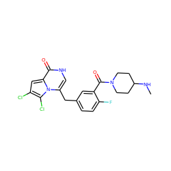 CNC1CCN(C(=O)c2cc(Cc3c[nH]c(=O)c4cc(Cl)c(Cl)n34)ccc2F)CC1 ZINC000045386868