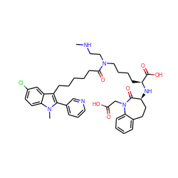CNCCN(CCCC[C@H](N[C@H]1CCc2ccccc2N(CC(=O)O)C1=O)C(=O)O)C(=O)CCCCCc1c(-c2cccnc2)n(C)c2ccc(Cl)cc12 ZINC000095540046
