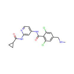 CNCc1cc(Cl)c(C(=O)Nc2ccnc(NC(=O)C3CC3)c2)c(Cl)c1 ZINC000096928690