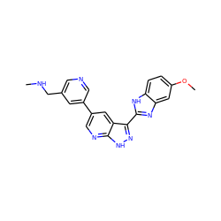 CNCc1cncc(-c2cnc3[nH]nc(-c4nc5cc(OC)ccc5[nH]4)c3c2)c1 ZINC000072176791