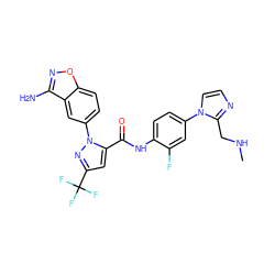 CNCc1nccn1-c1ccc(NC(=O)c2cc(C(F)(F)F)nn2-c2ccc3onc(N)c3c2)c(F)c1 ZINC000013611524