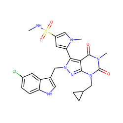 CNS(=O)(=O)c1cc(-c2c3c(=O)n(C)c(=O)n(CC4CC4)c3nn2Cc2c[nH]c3ccc(Cl)cc23)n(C)c1 ZINC000001491399