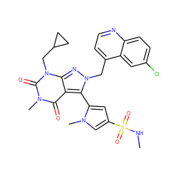 CNS(=O)(=O)c1cc(-c2c3c(=O)n(C)c(=O)n(CC4CC4)c3nn2Cc2ccnc3ccc(Cl)cc23)n(C)c1 ZINC000101200707