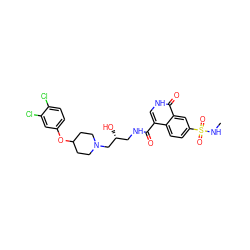 CNS(=O)(=O)c1ccc2c(C(=O)NC[C@@H](O)CN3CCC(Oc4ccc(Cl)c(Cl)c4)CC3)c[nH]c(=O)c2c1 ZINC000095558134