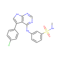 CNS(=O)(=O)c1cccc(Nc2ncnc3[nH]cc(-c4ccc(Cl)cc4)c23)c1 ZINC000204861715