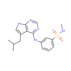 CNS(=O)(=O)c1cccc(Nc2ncnc3[nH]cc(CC(C)C)c23)c1 ZINC000146025770