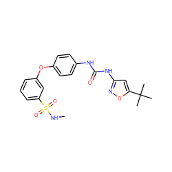 CNS(=O)(=O)c1cccc(Oc2ccc(NC(=O)Nc3cc(C(C)(C)C)on3)cc2)c1 ZINC000040896356