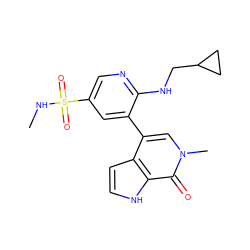 CNS(=O)(=O)c1cnc(NCC2CC2)c(-c2cn(C)c(=O)c3[nH]ccc23)c1 ZINC000146760808