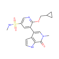 CNS(=O)(=O)c1cnc(OCC2CC2)c(-c2cn(C)c(=O)c3[nH]ccc23)c1 ZINC000146776814