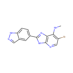 CNc1c(Br)cnc2[nH]c(-c3ccc4[nH]ncc4c3)nc12 ZINC000084602256