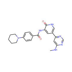 CNc1cc(-c2c[nH]c(=O)c(NC(=O)c3ccc(N4CCCCC4)cc3)c2)ncn1 ZINC000071329485