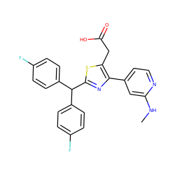 CNc1cc(-c2nc(C(c3ccc(F)cc3)c3ccc(F)cc3)sc2CC(=O)O)ccn1 ZINC000045337198