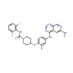 CNc1cc2c(Nc3ccc(OC4CCN(C(=O)Nc5c(F)cccc5F)CC4)c(C)c3)ncnc2cn1 ZINC000028706395