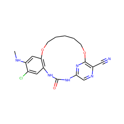 CNc1cc2c(cc1Cl)NC(=O)Nc1cnc(C#N)c(n1)OCCCCCO2 ZINC000014958245