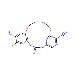 CNc1cc2c(cc1Cl)NC(=O)Nc1cnc(C#N)c(n1)OCCCCO2 ZINC000028963216