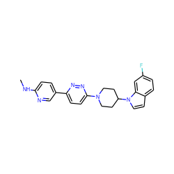 CNc1ccc(-c2ccc(N3CCC(n4ccc5ccc(F)cc54)CC3)nn2)cn1 ZINC001772580332