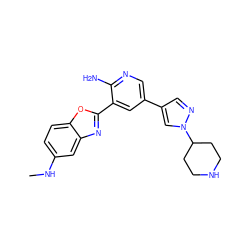 CNc1ccc2oc(-c3cc(-c4cnn(C5CCNCC5)c4)cnc3N)nc2c1 ZINC000084652292