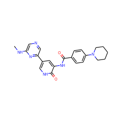 CNc1cncc(-c2c[nH]c(=O)c(NC(=O)c3ccc(N4CCCCC4)cc3)c2)n1 ZINC000071318007