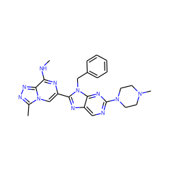 CNc1nc(-c2nc3cnc(N4CCN(C)CC4)nc3n2Cc2ccccc2)cn2c(C)nnc12 ZINC000209377552