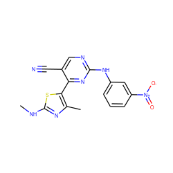 CNc1nc(C)c(-c2nc(Nc3cccc([N+](=O)[O-])c3)ncc2C#N)s1 ZINC000095596415