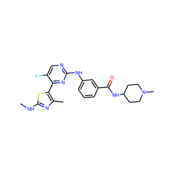 CNc1nc(C)c(-c2nc(Nc3cccc(C(=O)NC4CCN(C)CC4)c3)ncc2F)s1 ZINC000103291555