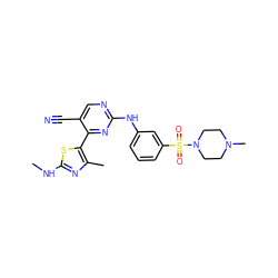 CNc1nc(C)c(-c2nc(Nc3cccc(S(=O)(=O)N4CCN(C)CC4)c3)ncc2C#N)s1 ZINC000103291570