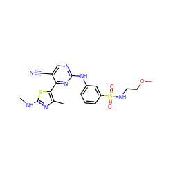 CNc1nc(C)c(-c2nc(Nc3cccc(S(=O)(=O)NCCOC)c3)ncc2C#N)s1 ZINC000103291580