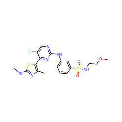 CNc1nc(C)c(-c2nc(Nc3cccc(S(=O)(=O)NCCOC)c3)ncc2F)s1 ZINC000103291578