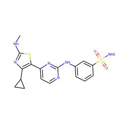 CNc1nc(C2CC2)c(-c2ccnc(Nc3cccc(S(N)(=O)=O)c3)n2)s1 ZINC000095601524