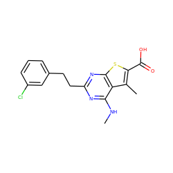 CNc1nc(CCc2cccc(Cl)c2)nc2sc(C(=O)O)c(C)c12 ZINC001772579405