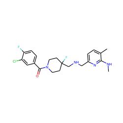 CNc1nc(CNCC2(F)CCN(C(=O)c3ccc(F)c(Cl)c3)CC2)ccc1C ZINC000001488374