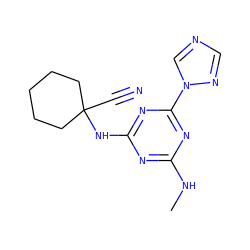 CNc1nc(NC2(C#N)CCCCC2)nc(-n2cncn2)n1 ZINC000096924112
