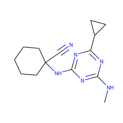 CNc1nc(NC2(C#N)CCCCC2)nc(C2CC2)n1 ZINC000096924099