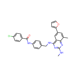 CNc1nc(NCc2ccc(NC(=O)c3ccc(Cl)cc3)cc2)c2cc(-c3ccco3)cc(C)c2n1 ZINC000142202550