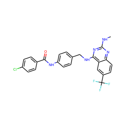 CNc1nc(NCc2ccc(NC(=O)c3ccc(Cl)cc3)cc2)c2cc(C(F)(F)F)ccc2n1 ZINC000145362177