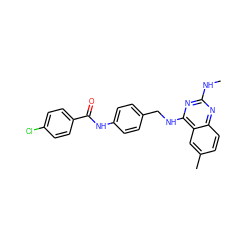 CNc1nc(NCc2ccc(NC(=O)c3ccc(Cl)cc3)cc2)c2cc(C)ccc2n1 ZINC000045258597