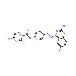 CNc1nc(NCc2ccc(NC(=O)c3ccc(Cl)cc3F)cc2)c2cc(C)ccc2n1 ZINC000141899193