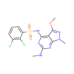 CNc1nc(NS(=O)(=O)c2cccc(Cl)c2Cl)c2c(OC)nn(C)c2n1 ZINC001772587371