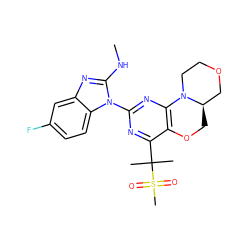 CNc1nc2cc(F)ccc2n1-c1nc2c(c(C(C)(C)S(C)(=O)=O)n1)OC[C@@H]1COCCN21 ZINC000218290475