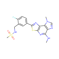 CNc1nc2sc(-c3ccc(F)c(CNS(C)(=O)=O)c3)nc2c2c1ncn2C ZINC000040952626