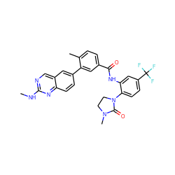 CNc1ncc2cc(-c3cc(C(=O)Nc4cc(C(F)(F)F)ccc4N4CCN(C)C4=O)ccc3C)ccc2n1 ZINC000036758612