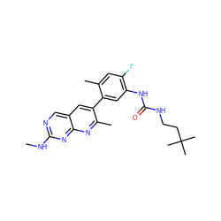 CNc1ncc2cc(-c3cc(NC(=O)NCCC(C)(C)C)c(F)cc3C)c(C)nc2n1 ZINC000205861291