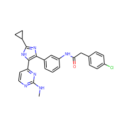 CNc1nccc(-c2[nH]c(C3CC3)nc2-c2cccc(NC(=O)Cc3ccc(Cl)cc3)c2)n1 ZINC000029043718